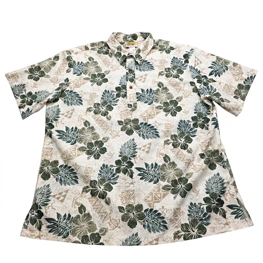 Winnie Fashion Mens 2X Hawaiian Shirt‎ Green Hibiscus Floral Popover Made in USA